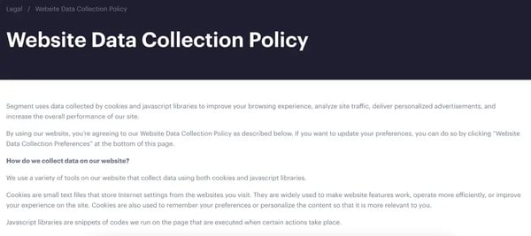 example of GDPR and data tracking compliance web page: segment